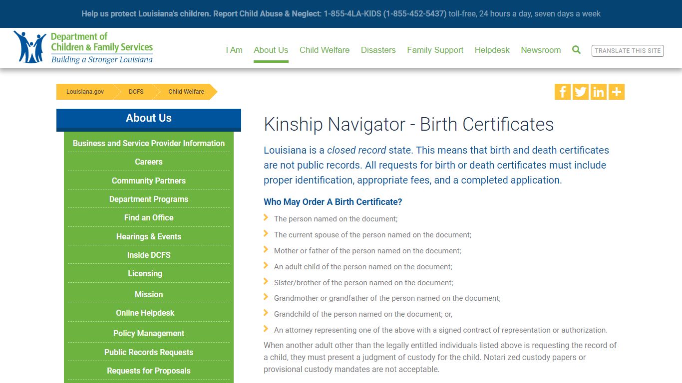 Kinship Navigator - Birth Certificates | Louisiana Department of ...
